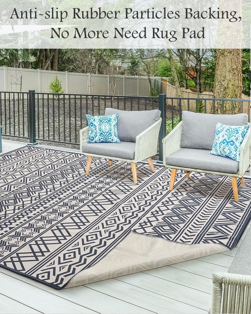 Outdoor Rug Carpet 9X12 ft, Flatweave Textured Outdoor Patio Rug Non Slip Indoor Outdoor Rugs with Rubber Particles Backing Boho Outdoor Area Rug for Patio Deck Front Porch Backyard Balcony, Navy