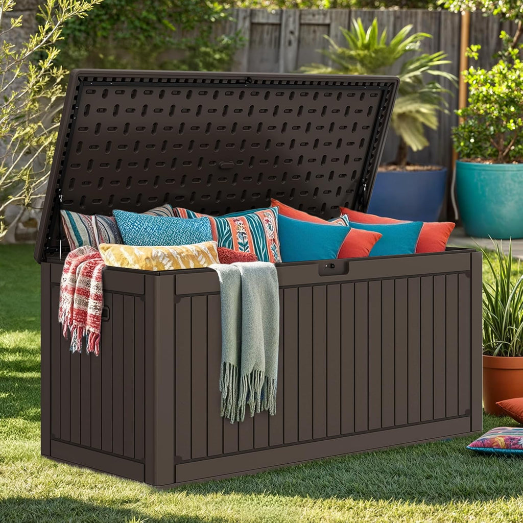 DWVO 320 Gallon Resin Outdoor Storage Box, XXL Double-Wall Waterproof Deck Box with Divider, Doubles as Table or Seating with 1000 lbs Capacity, Lockable (Brown)