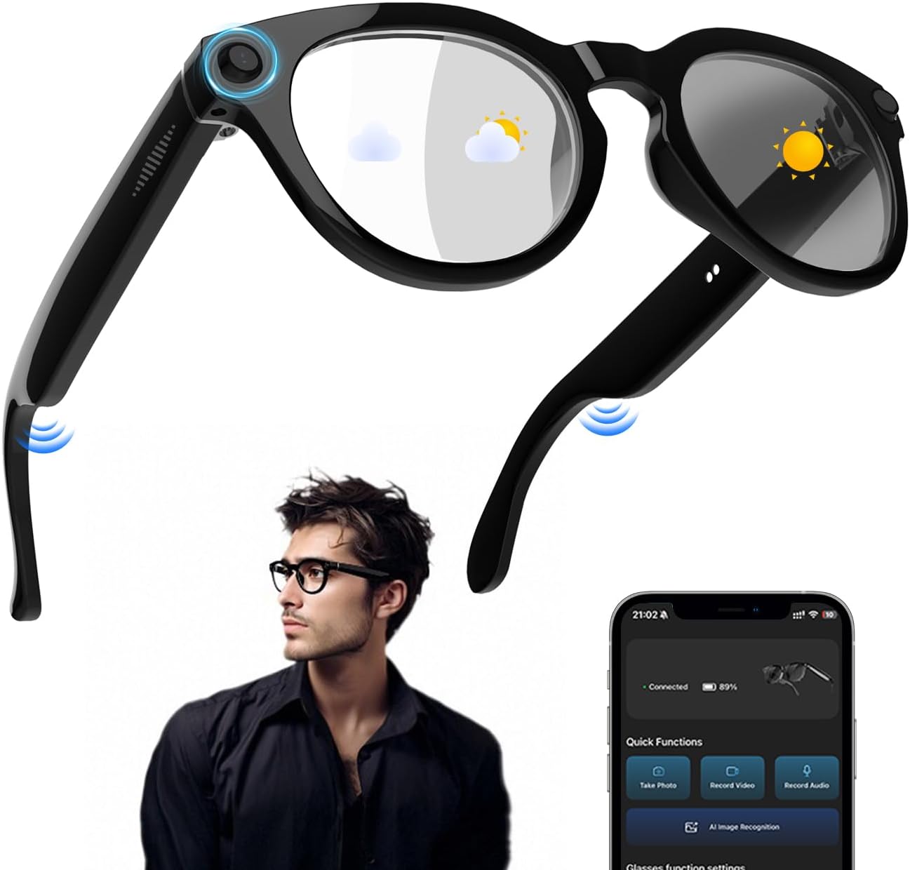 AI Smart Glasses with Camera 4K, 8MP HD Recording Glasses with Open-Ear Sound, Real-Time Translation, Smart Wearable Tech & AI Assistant, Video Recording Glasses with Bluetooth for Life & Travel