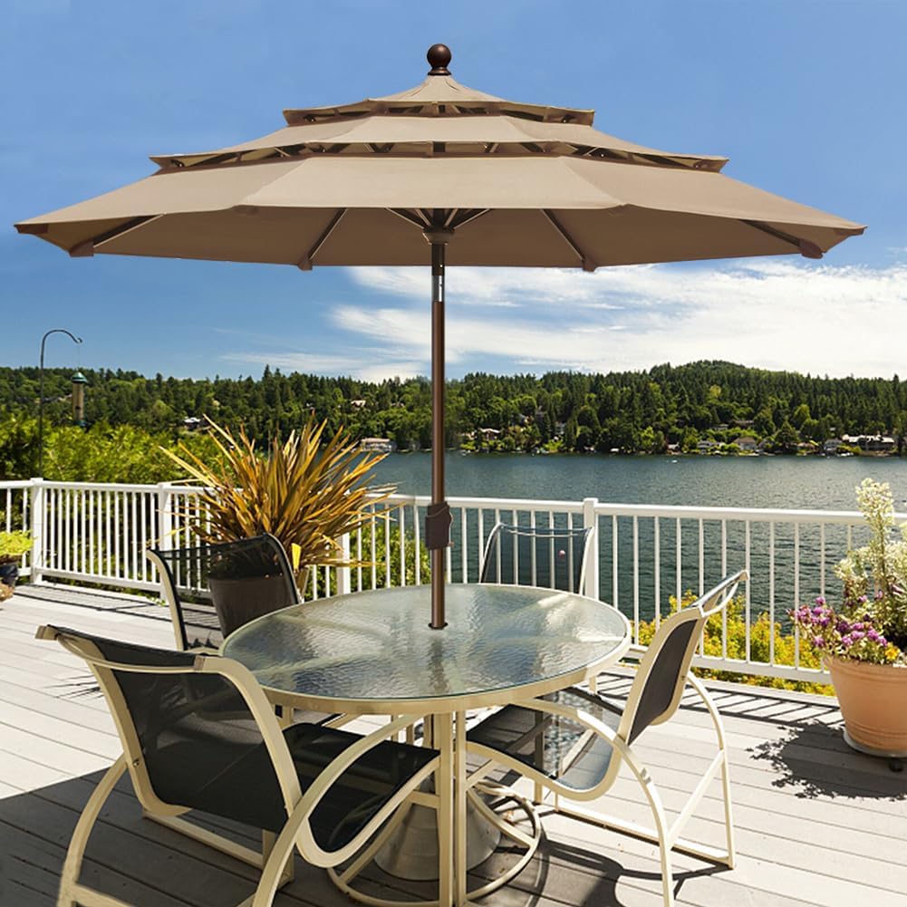 EliteShade USA 10-Year-Non-Fading 9ft 3-Tier Market Patio Umbrella, Commercial Grade Outdoor Table Umbrella with Crank Open, Windproof & UPF 50+ UV Protection, Heavy Duty Ventilation for Garden, Deck, Pool, Backyard, Beach & Bistro, Heather Beige