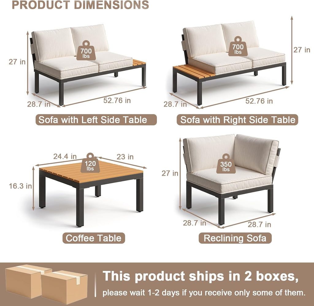 JOYURE 4-Piece Patio Furniture Set,Metal Outdoor Sectional Sofa with 3 Fauxwood Tables &Adjustable Reclining Chair,Patio Modular L Shape Sofa with Thickened Cushions for Backyard,Deck,Balcony,Beige