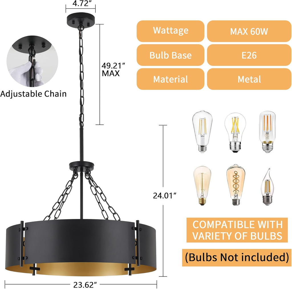 23.62'' Modern Drum Chandelier 6-Light Farmhouse Black and Gold Dining Room Light Fixture Industrial Large Pendant Lighting Rustic Hanging Light Fixtures Vintage Chandeliers for Living Room Kitchen