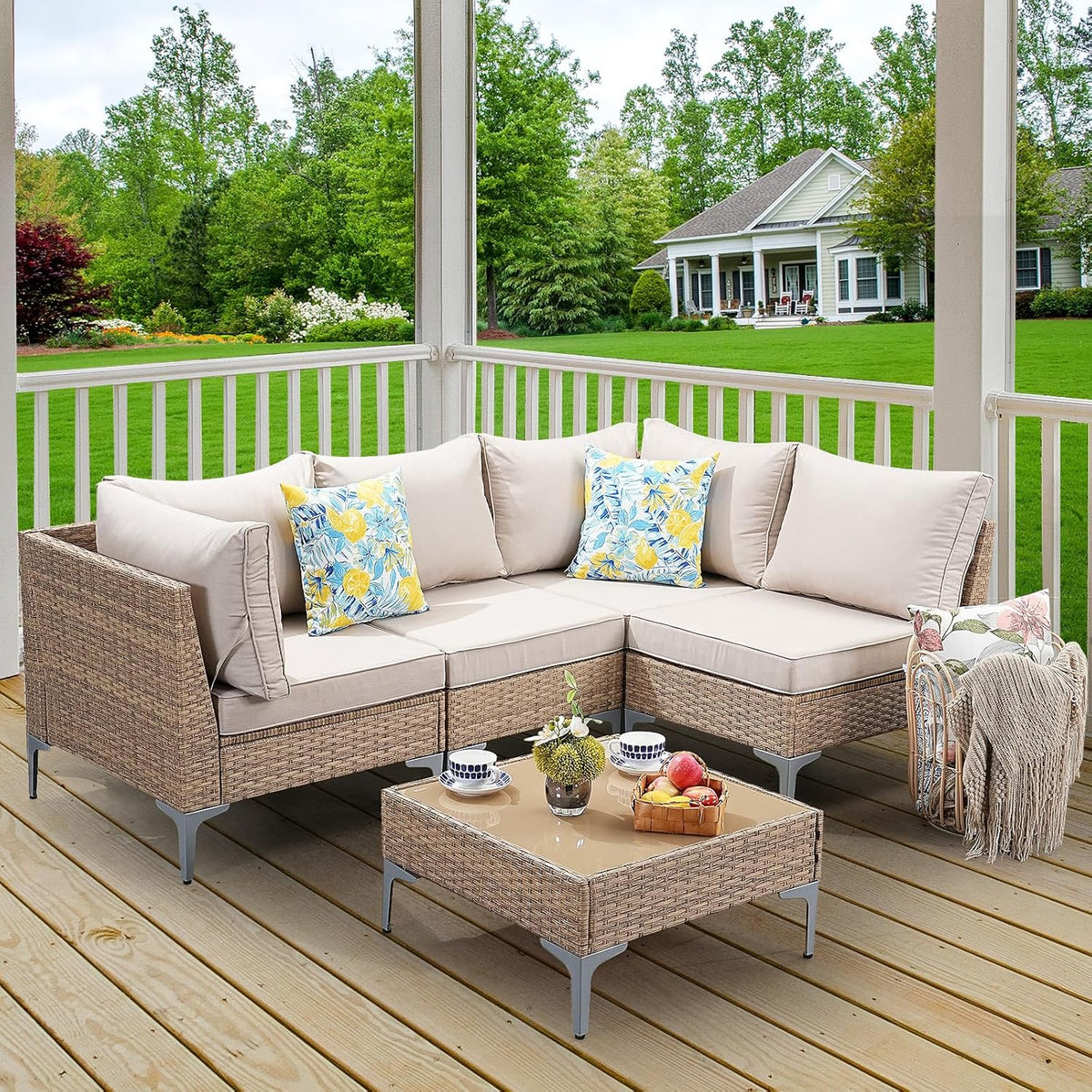 5-Piece Patio Furniture Set, Outdoor Wicker Sectional Sofa with Coffee Table, Anti-Slip & Thick All-Weather Cushions for Party, Garden, Backyard, Beige