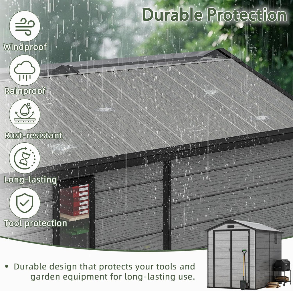 5.8x5.6 FT Plastic Outdoor Storage Shed with Transparent Roof, Easy Assembly Resin Shed with Floor & Windows Lockable Double Doors Shed for Your Backyard Garden Patio Lawn