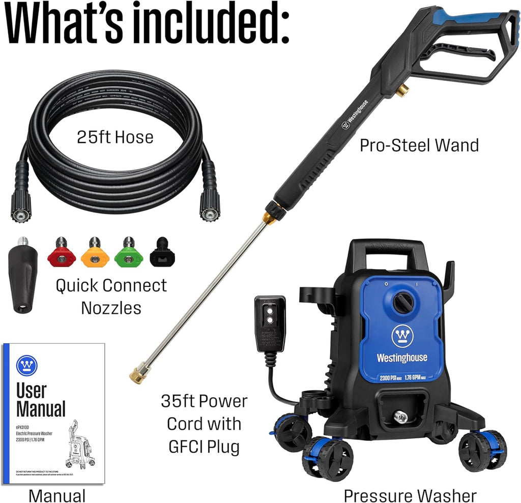 Westinghouse ePX3100 Electric Pressure Washer, 2300 Max PSI 1.76 Max GPM with Anti-Tipping Technology, Onboard Soap Tank, Pro-Style Steel Wand, 5-Nozzle Set, for Cars/Fences/Driveways/Home/Patios