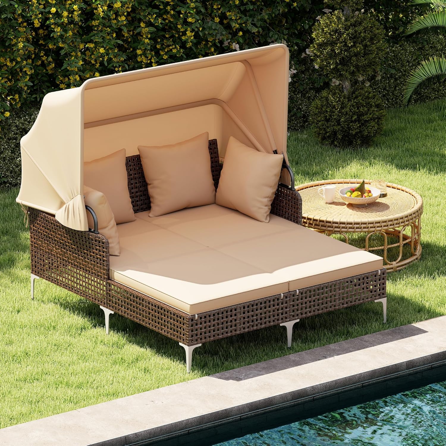 Tangkula Outdoor Rattan Daybed with Retractable Canopy, Boho Patio Wicker Sunbed with Metal Support, Pillows & Cushions, Outdoor Double Chaise Lounge with Shade for Backyard, Poolside, Deck & Balcony