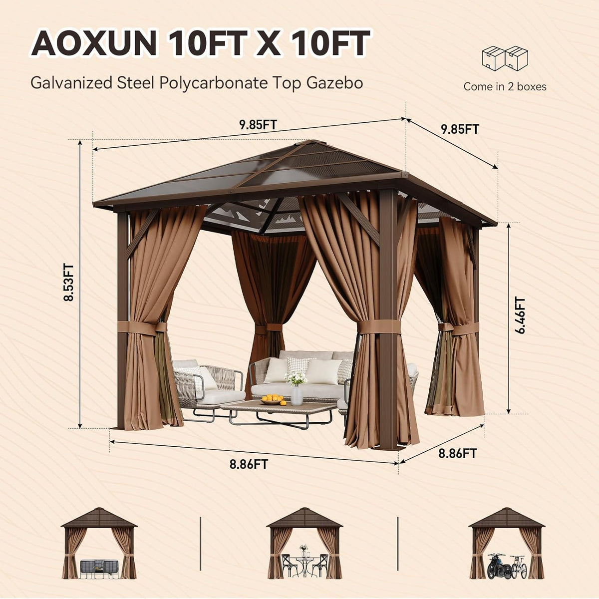 Aoxun 10'x10' Hardtop Gazebo, Outdoor Metal Gazebo with Polycarbonate Roof Canopy, Permanent Pavilion with Netting and Curtains for Lawn, Garden, Patio (Khaki, Single Roof)