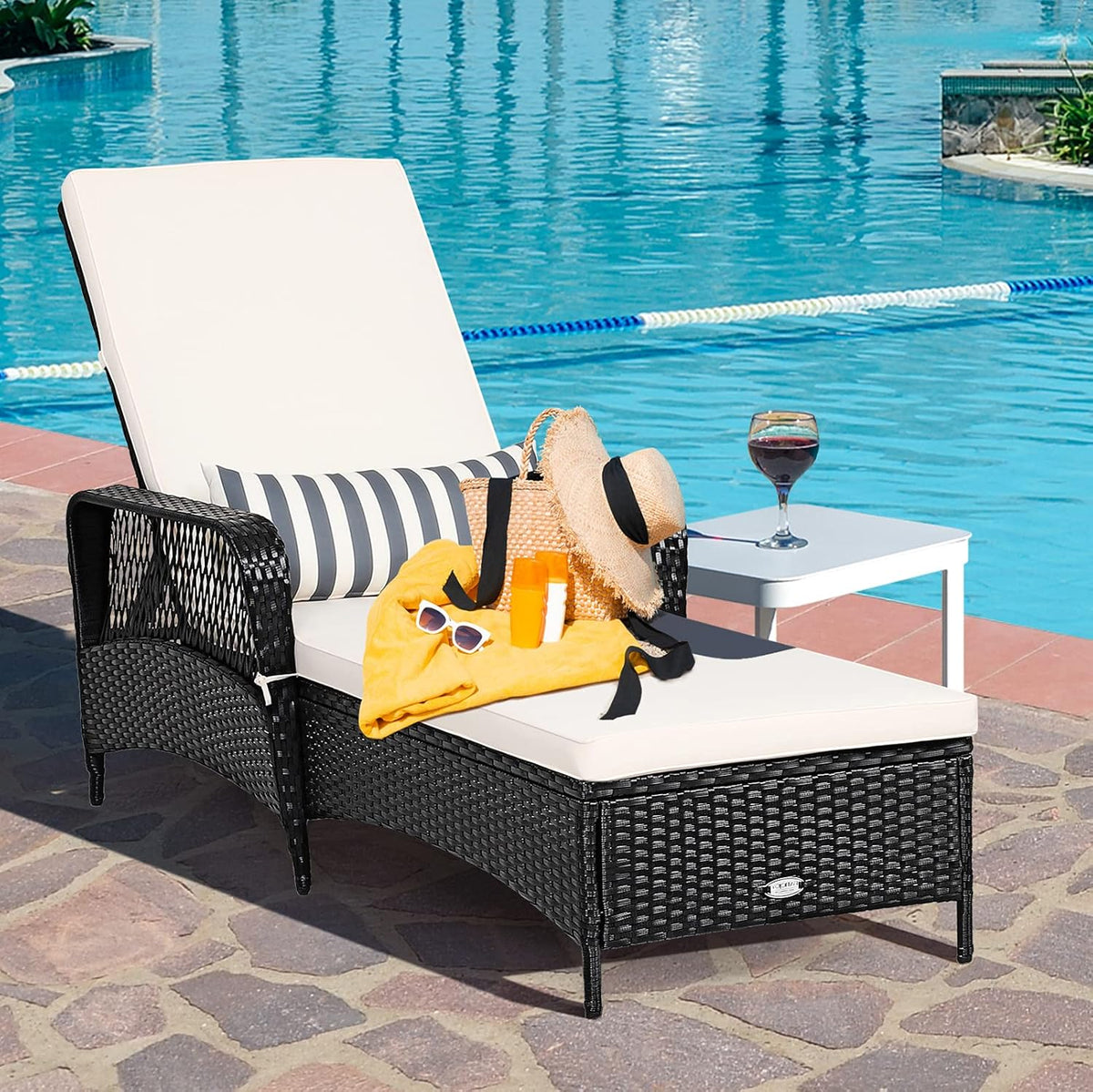 Tangkula Wicker Chaise Lounge Outdoor, Patio Rattan Reclining Chaise with 6-Gear Adjustable Backrest, Thick Padded Cushion & Removable Lumbar Pillow, Pool Lounge Chairs for Outside Balcony Backyard