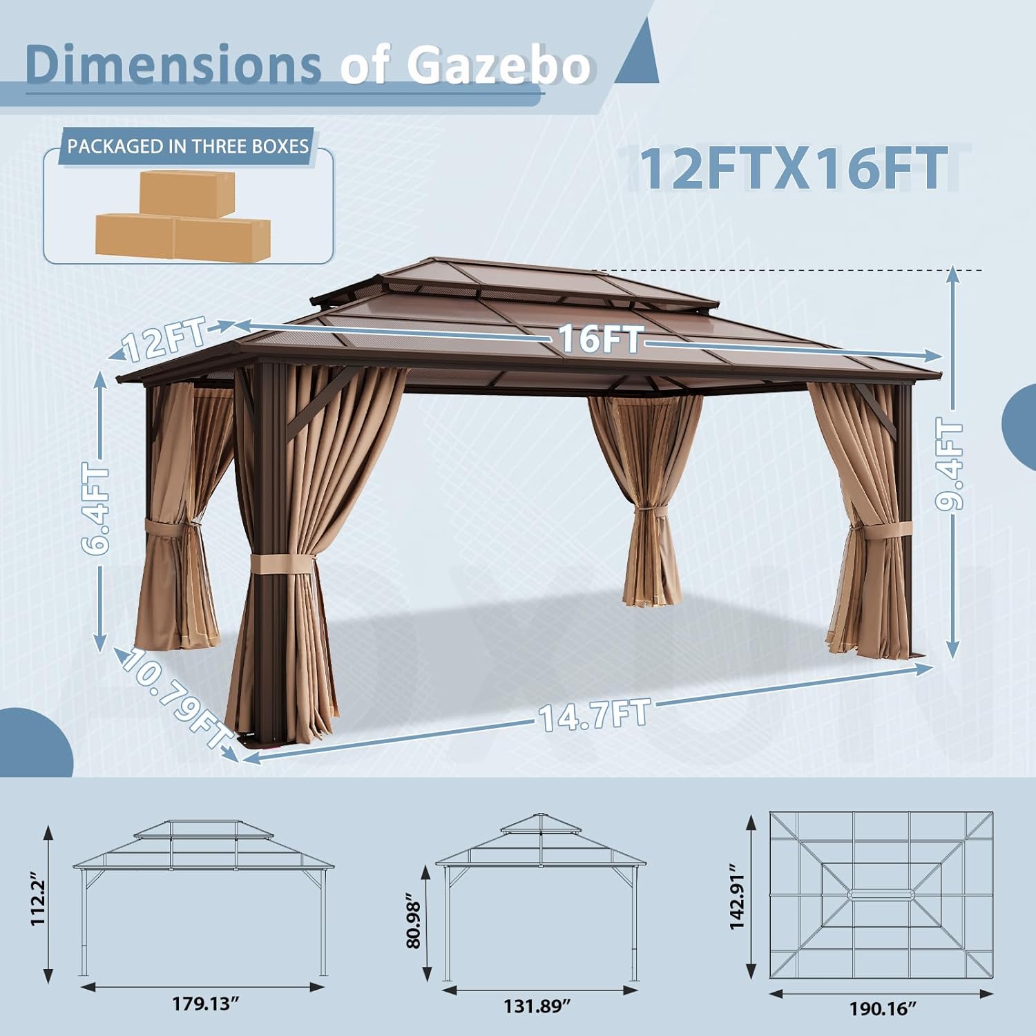 Aoxun 12'x16' Hardtop Gazebo, Aluminum Frame Permanent Pavilion with Curtains and Netting, Outdoor Polycarbonate Double Roof Canopy, Designed for Garden, Lawns, Patio