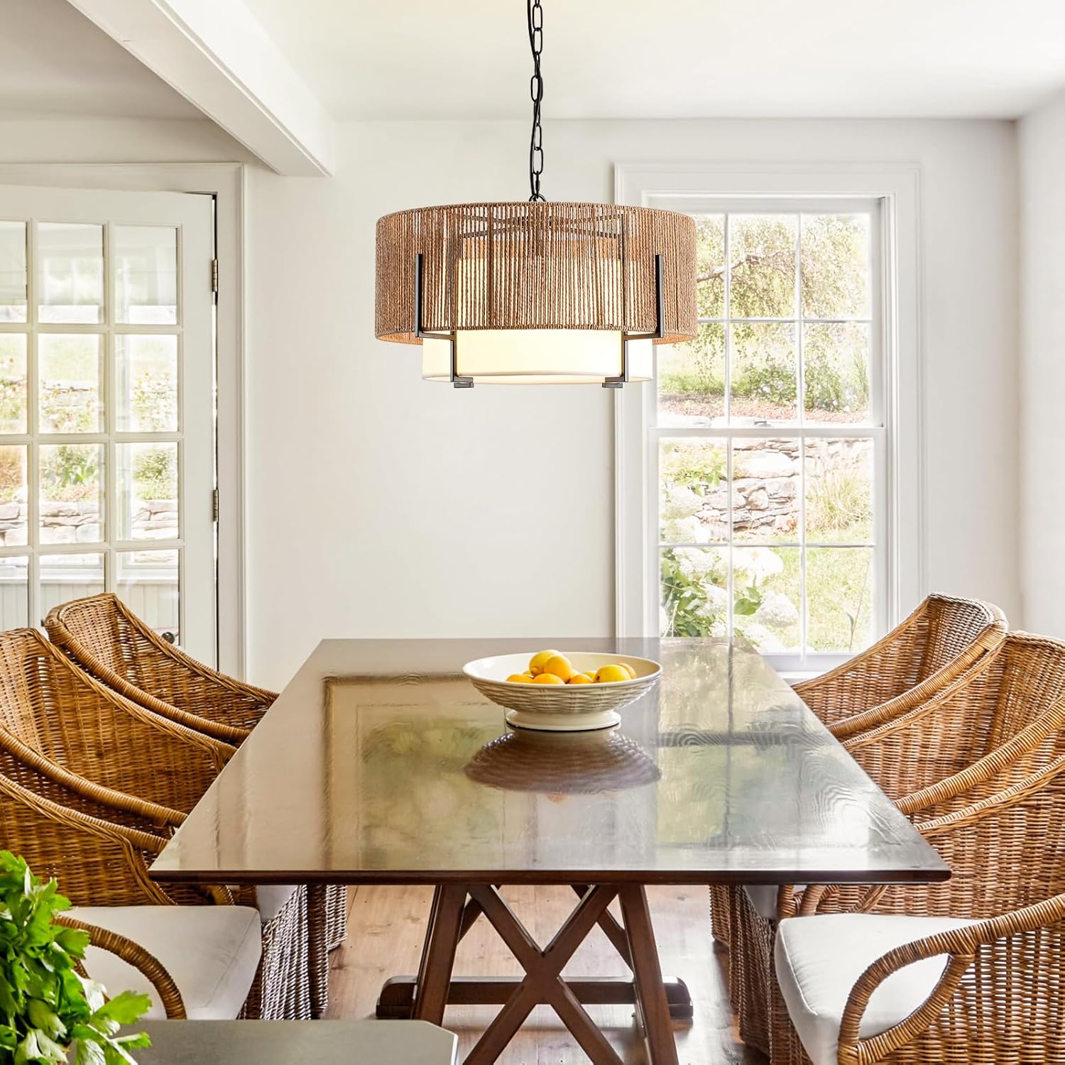 4-Light Rattan Chandelier, 19.7" Boho Pendant Light with Fabric Shade, Farmhouse Rattan Hanging Ceiling Light Fixture for Dining Room, Living Room, Kitchen Island, Bedroom, Hallway, Foyer