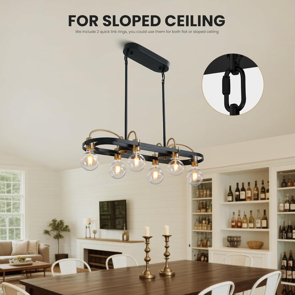 6 Lights Rectangular Chandelier, Black and Gold Linear Chandelier Rectangle Pendant Light Fixture, Modern Chandeliers for Kitchen Island Dining Room Over Table L-30''