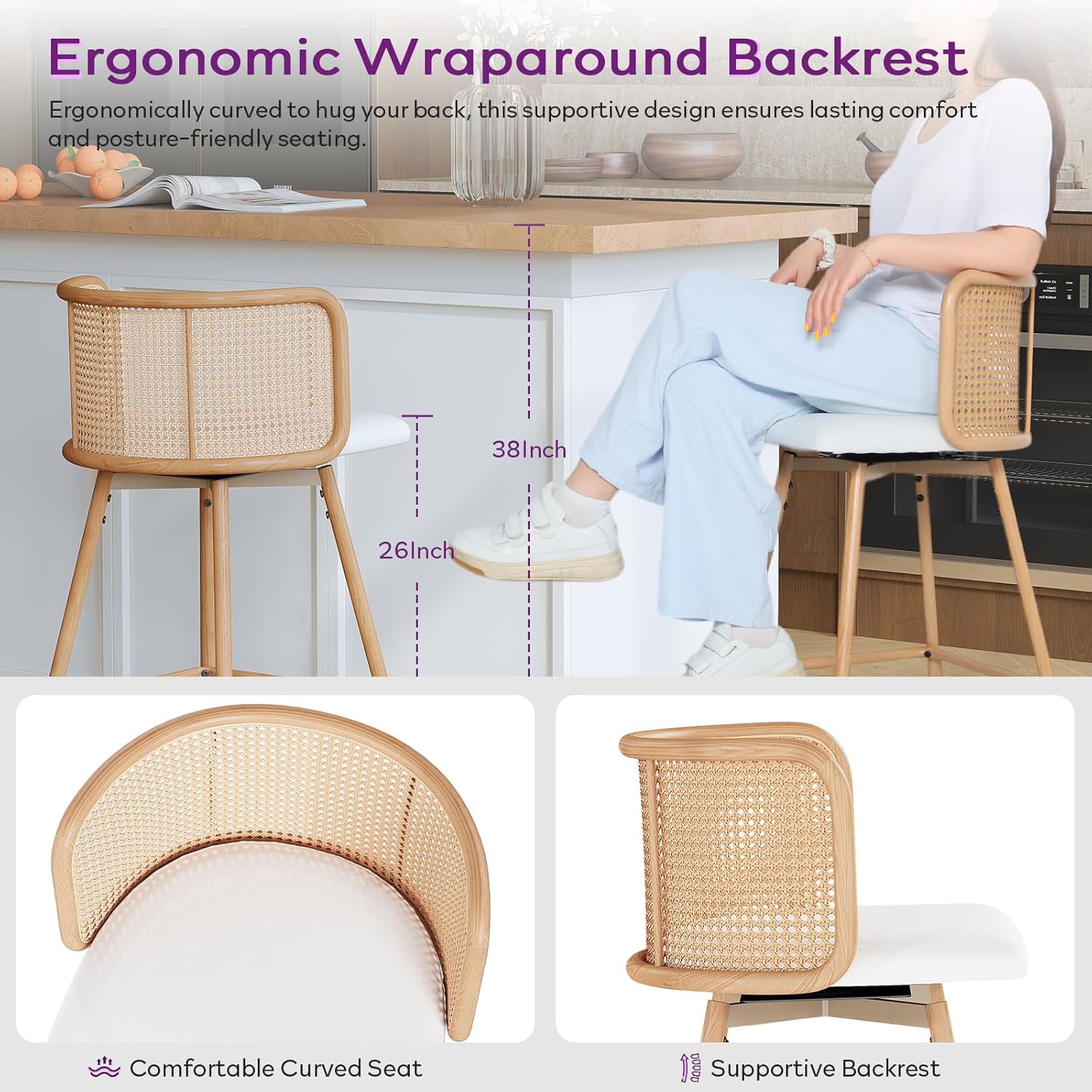 TYBOATLE Swivel Rattan Bar Stools Set of 4, 26” Counter Height Stools with Natural Rattan Woven Back and Faux Leather Seat, Mid-Century Modern Island Chairs Barstools for Kitchen, White