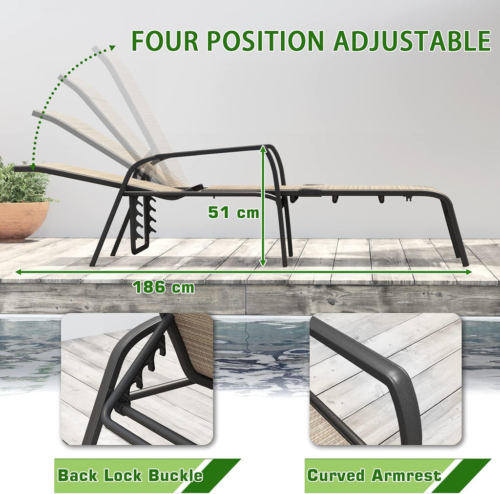 Devoko Patio Chaise Lounges Sets Outdoor Lounge Chairs with Adjustable Backrest & Sturdy Glass Top Coffee Table Suitable for Poolside, Beach, Backyard, Garden (Beige)