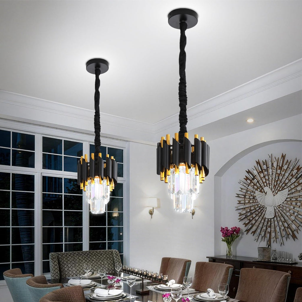 Modern Black Crystal Chandelier 2-Tier Round Pendant Lighting Light Fixture Chandelier for Kitchen Island Entryway Bathroom BedHead Bedroom