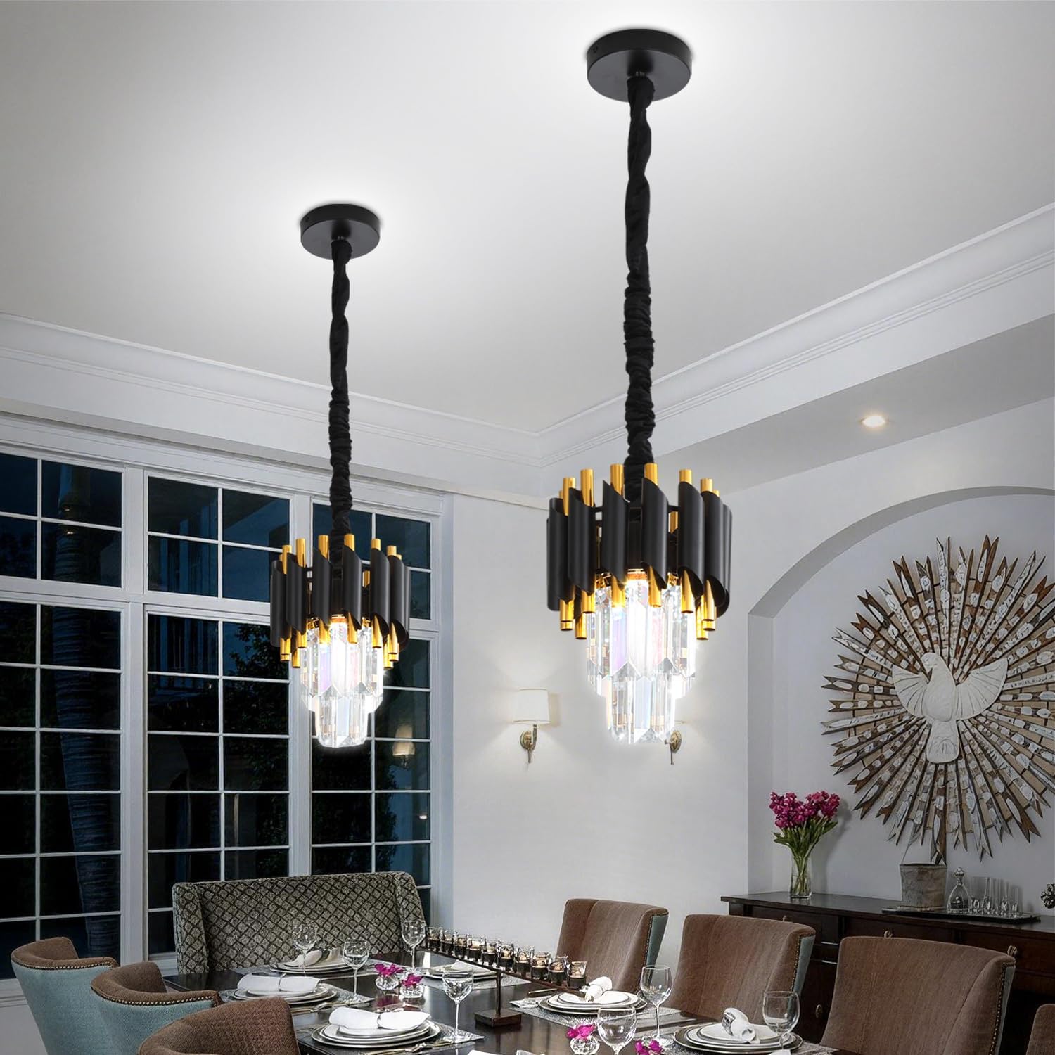 Modern Black Crystal Chandelier 2-Tier Round Pendant Lighting Light Fixture Chandelier for Kitchen Island Entryway Bathroom BedHead Bedroom