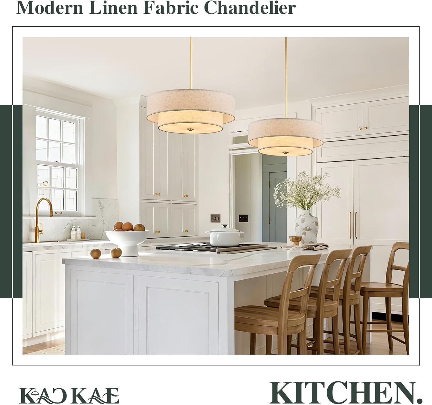 Gold Modern Chandelier 18'' Drum Chandeliers with 2-Layer Fabric Shade 4-Light Linen Pendant Light Fixture for Dining Room Bedroom Kitchen Hallway Foyer