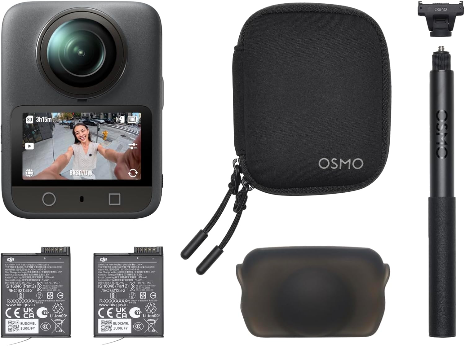 DJI Osmo 360 Essential Combo, 360 Camera with 1-Inch 360° Imaging, Native 8K 360° Video, 4K/120fps & 170° Boost Video, 1.2m Invisible Selfie Stick Kit, Extended Battery Life with 2 Batteries