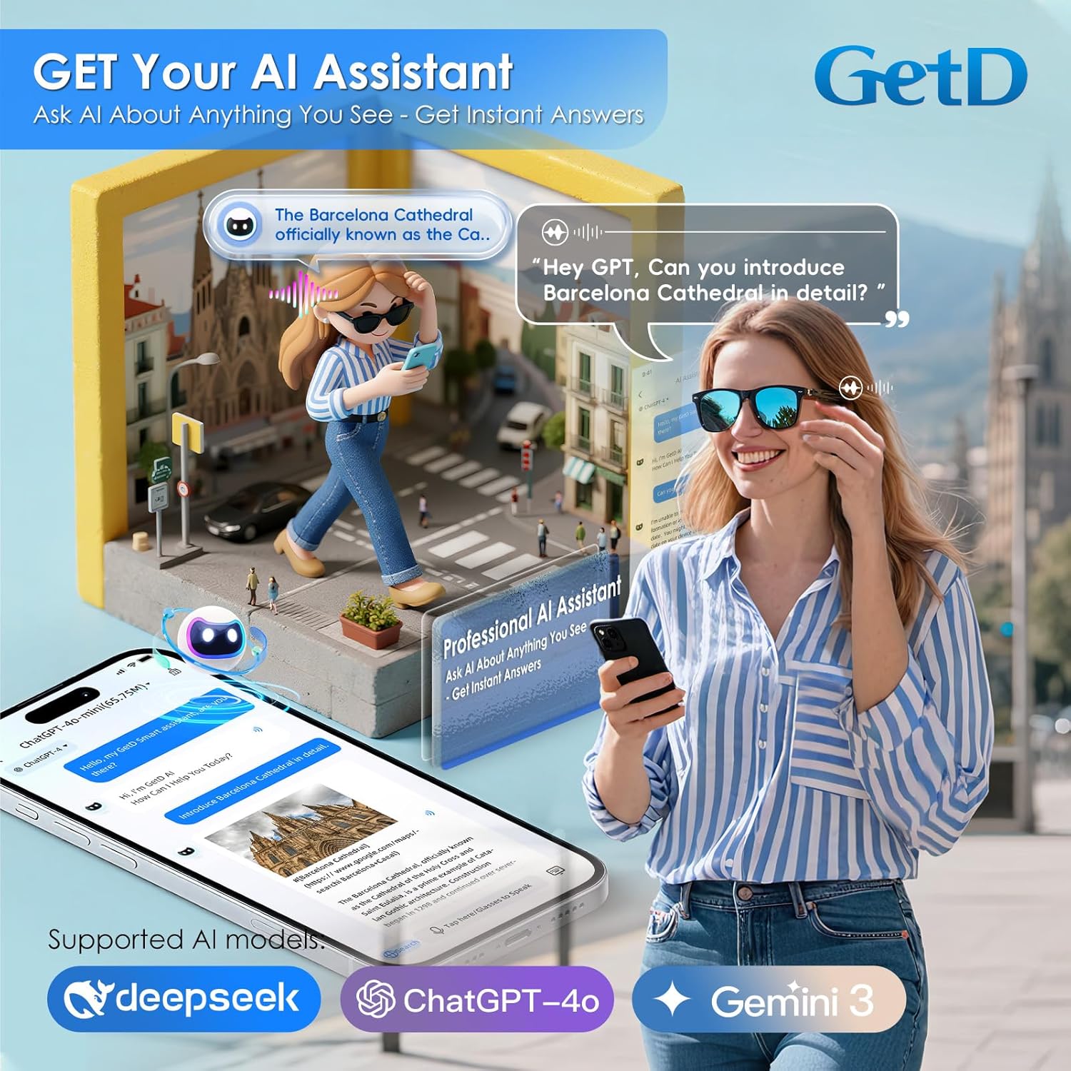 AI Glasses for Men & Women, Smart Glasses Powered by ChatGPT, AI Real-time Translation with 145 languages, 11H Music Play, Bluetooth Sunglasses with Polarized Lens, UV Protection for Daily Use, Travel