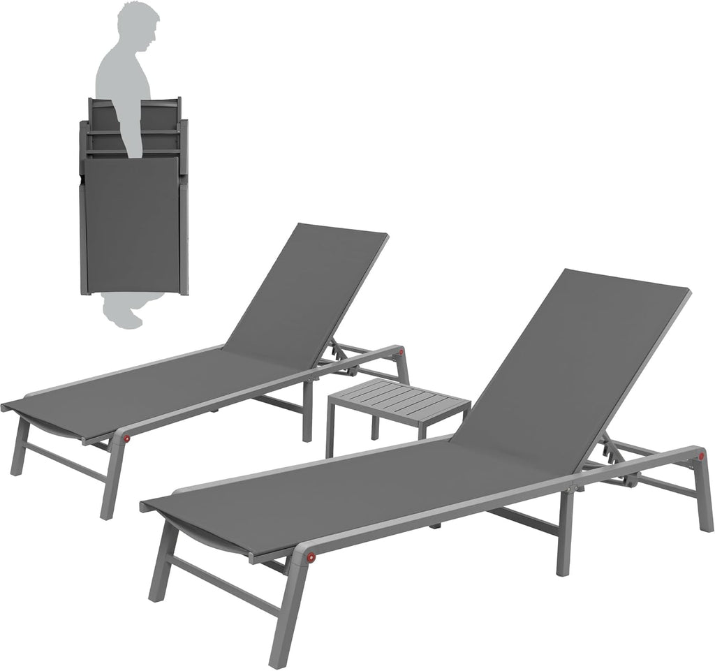 Kozyard 3-Pieces Patio Lounge Set, 2 Foldable Adjustable Lounge Chairs and Side Table, Aluminum Frame, Breathable Textilene Fabric, Assemble-Free, Reclining to Flat for Pool, Beach (Gray)