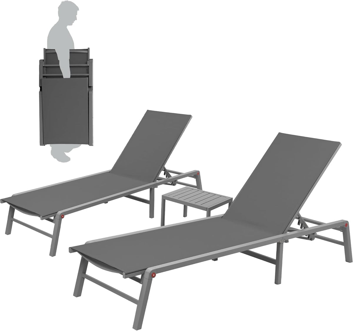 Kozyard 3-Pieces Patio Lounge Set, 2 Foldable Adjustable Lounge Chairs and Side Table, Aluminum Frame, Breathable Textilene Fabric, Assemble-Free, Reclining to Flat for Pool, Beach (Gray)