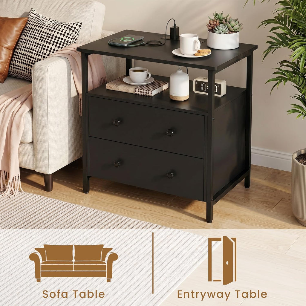Edbuosy 27 inch Wide Night Stand with Charging Station, Bedside Table with Open Shelf, 2 Drawers Small Wood Dresser, Modern Wood Nightstand for Bedroom/Living Room (Black)