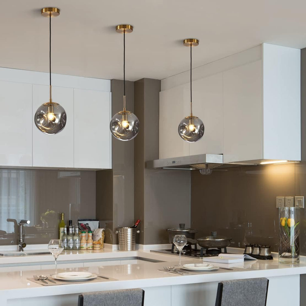 BOKT Globe Pendant Light Set of 3 Light Brushed Brass Round Ceiling Pendant Light with Smokey Gray Irregular Hanging Light 3 Pack Retro Chandelier Light Fixtures for Kitchen Island Dining Room