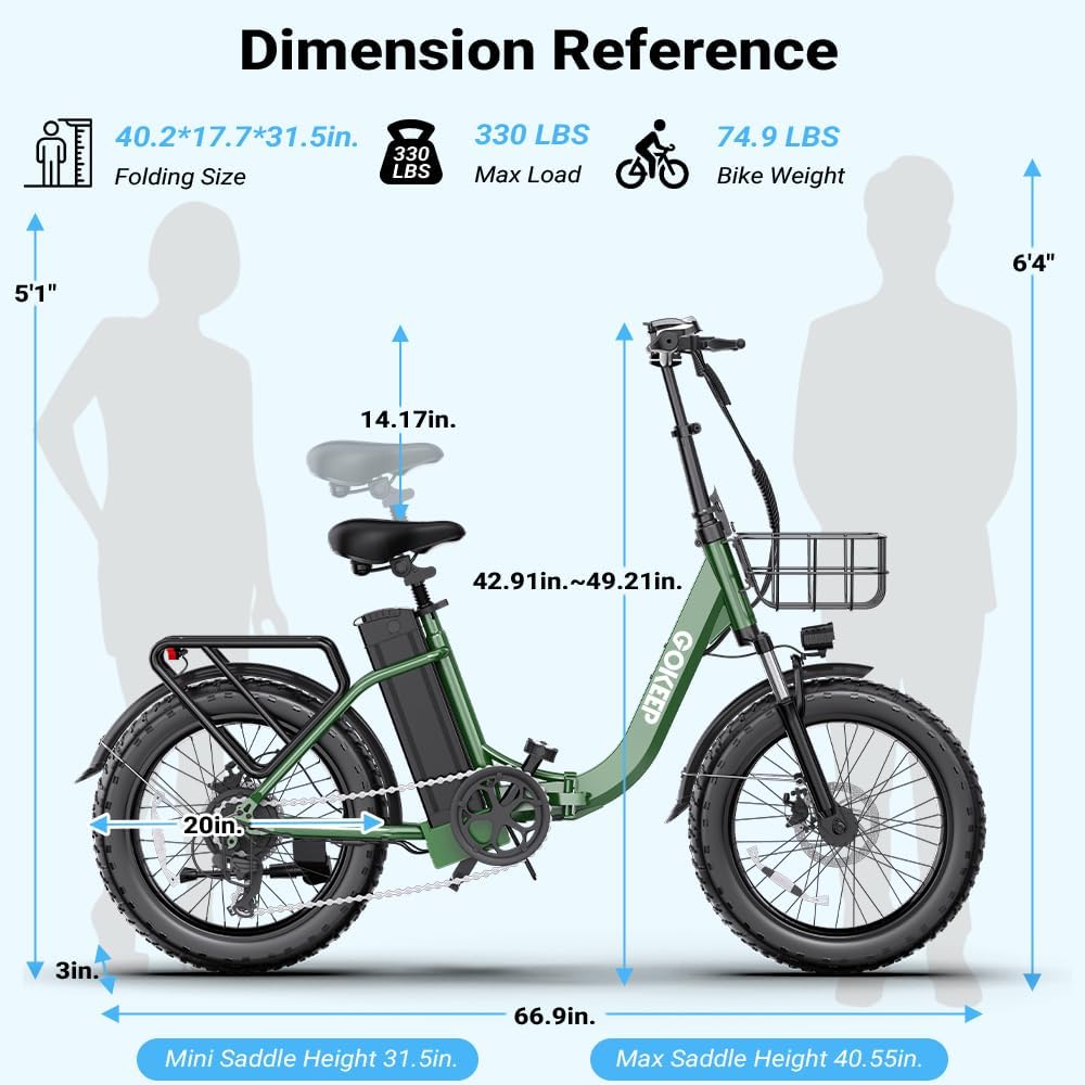 Electric Bike for Adults, Peak 1300W Motor, 75 Miles PAS Range, 52V 13Ah Removable Lithium Battery, Foldable Electric Bicycle, 20MPH 7-Speed Commuter Ebike, Max 330LBS, UL2849 Certified, Green