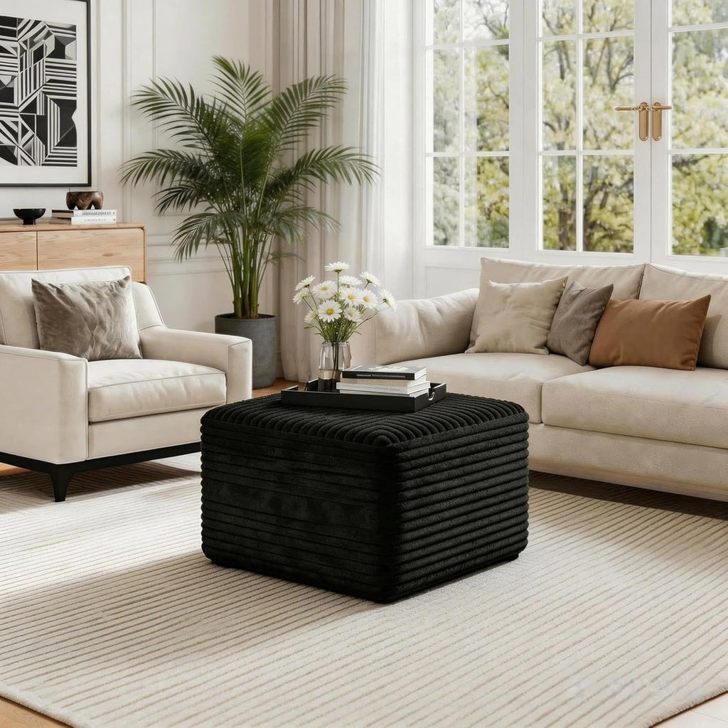 JINGLING 25.6 Inch Plush Corduroy Ottoman, Modular Sectional Foot Rest for Living Room, Upholstered Cloud Ottoman for Boneless Couch in a Box, Compressed Memory Foam, No Assembly Require, Black