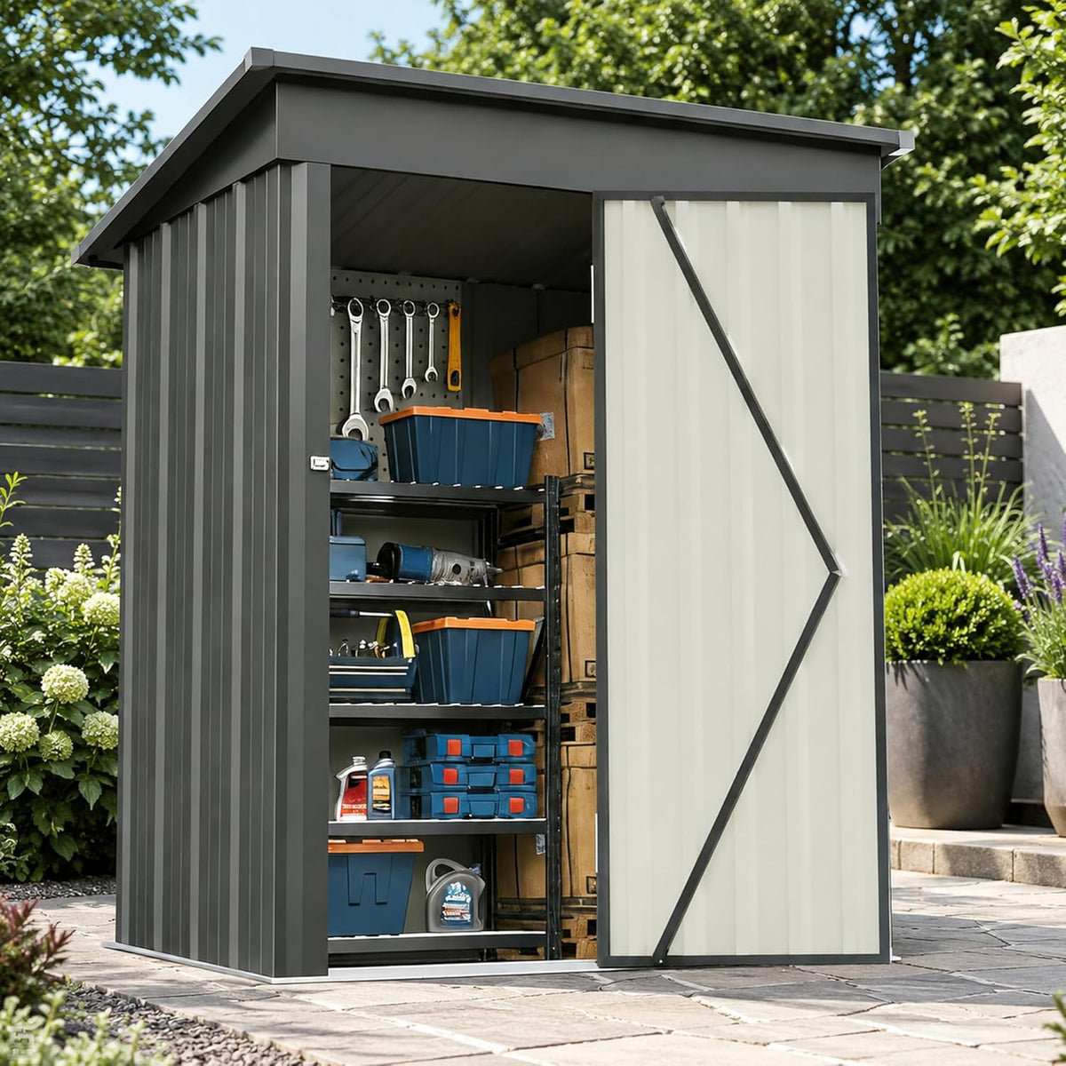 5x3 FT Outdoor Storage Shed, Metal Tool Shed with Sloping Roof and Lockable Door, Waterproof Garden Shed for Backyard, Patio, Lawn and Outdoor Storage, Black