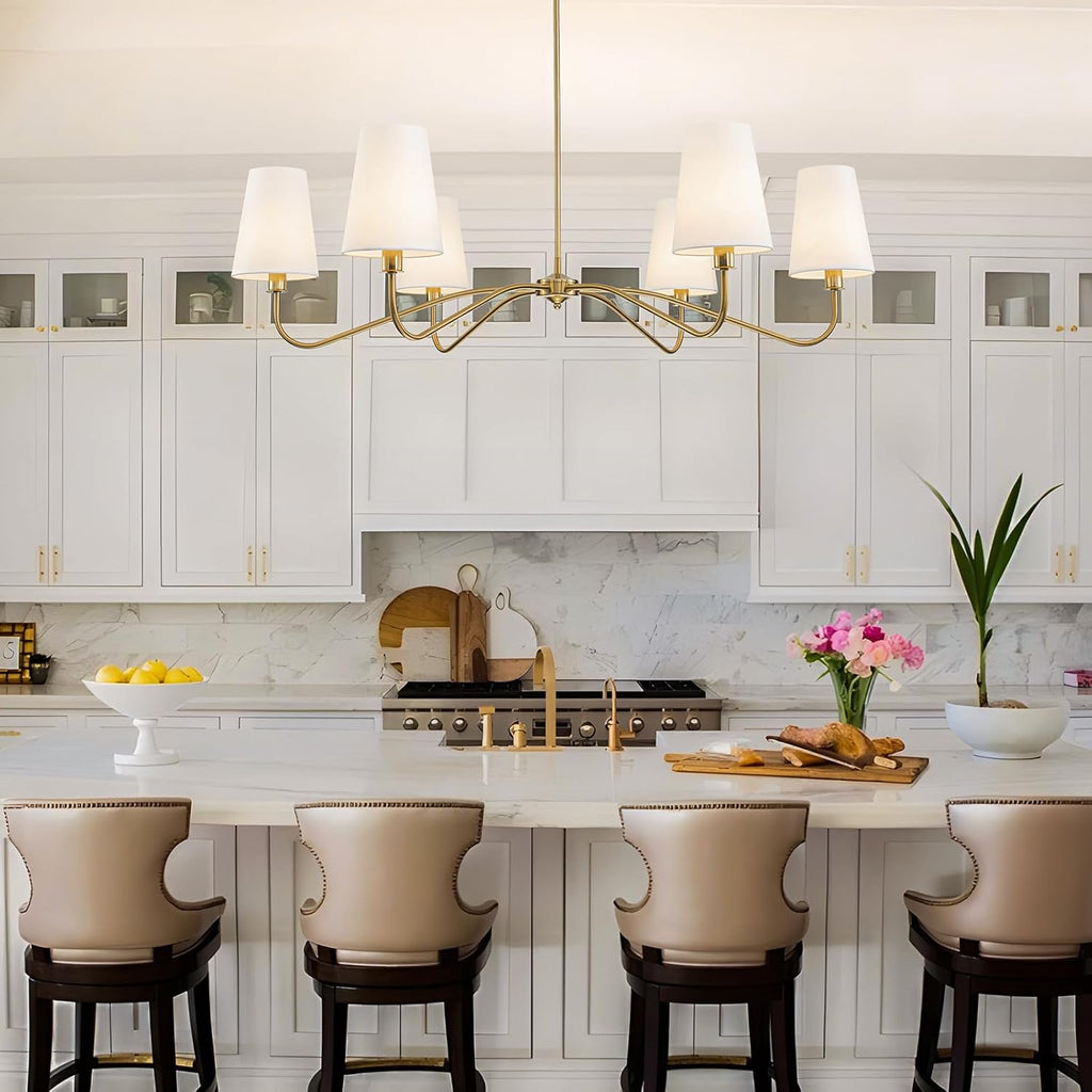 47'' Brushed Brass Chandelier with Shades, Oversized 6-Light Modern Chandelier for Living Room, Large Dining Room Light Fixture, Adjustable Brass Classic Pendant Light Fixture for Kitchen E12 Base