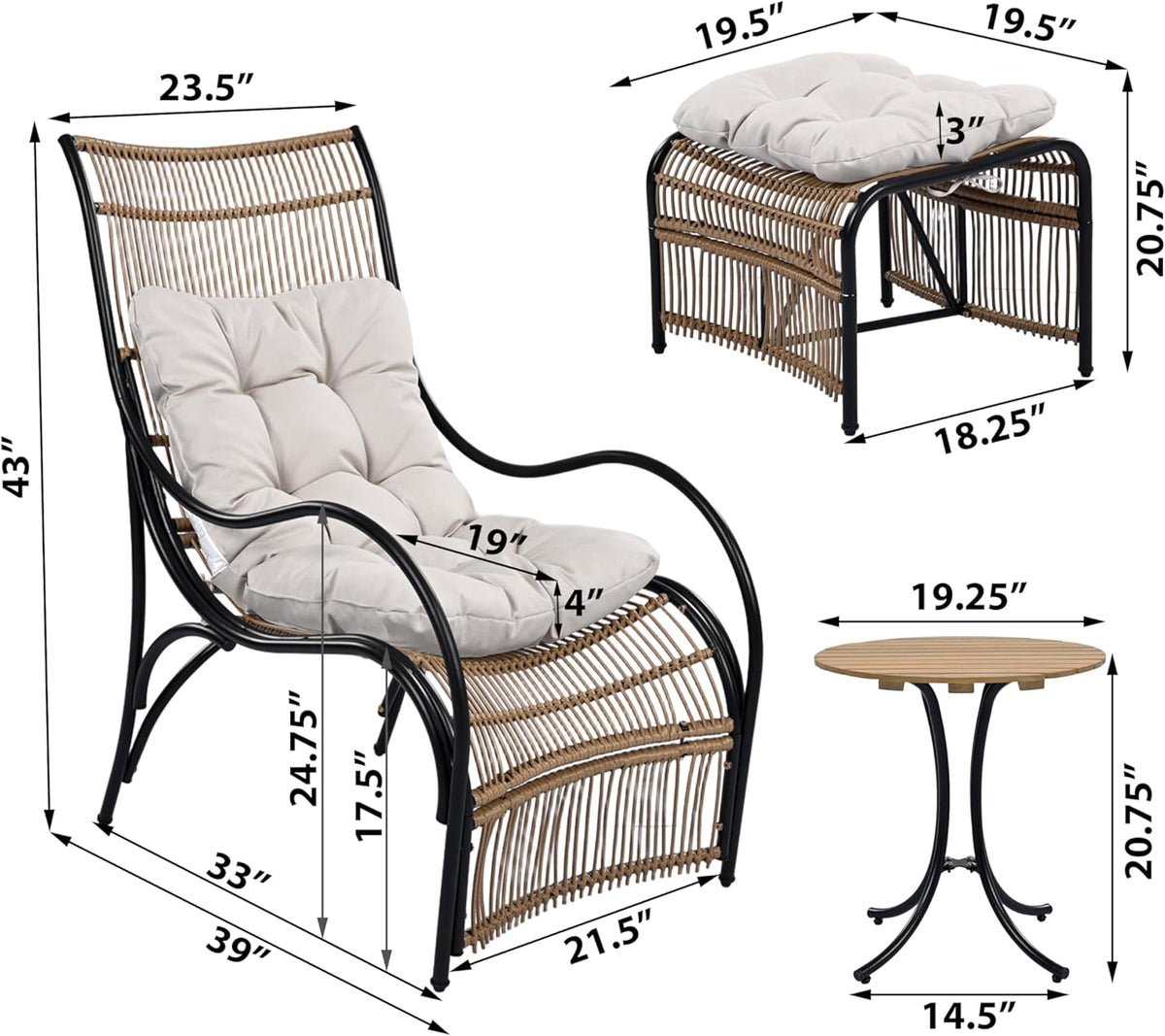 Merax 3-Pieces Patio Furniture Set, Wicker Outdoor Lounge Chairs with Footrest and Acacia Wood Table for Garden, Lawn, Pool, Balcony, Thick Soft Cushion Seating, Natural