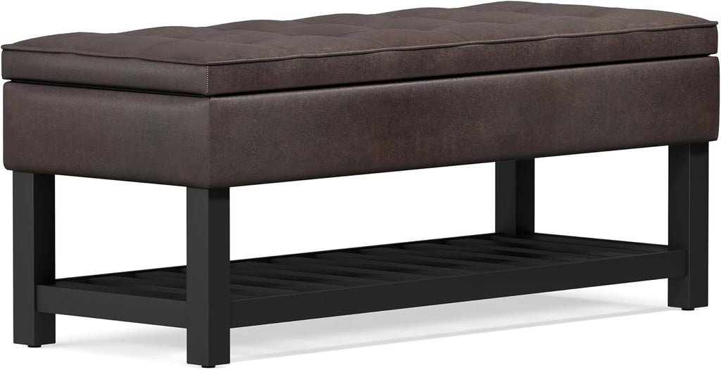 SIMPLIHOME Cosmopolitan Storage Ottoman Bench - 44 inch Wide Upholstered Vegan Leather Rectangle Storage Ottoman in Distressed Brown, Transitional Bench for Bedroom with Tufted Lift-Top and Open Shelf