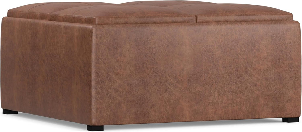 SIMPLIHOME Avalon Wide Contemporary Square Coffee Table Storage Ottoman, Distressed Umber Brown, Table Ottoman