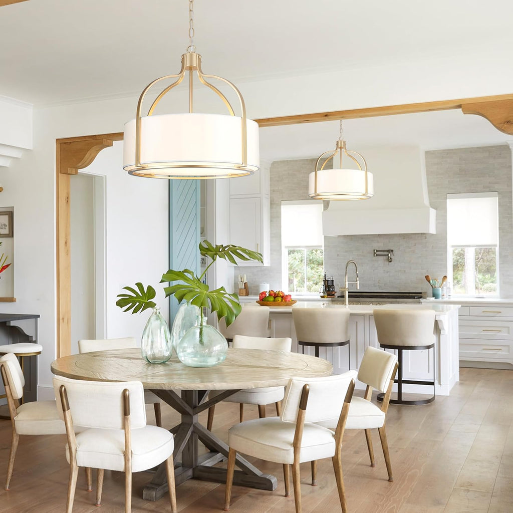 20.5'' Gold Drum Chandelier Light Fixture, 5-Light Large Modern Farmhouse Chandeliers for Dining Room Gold Drum Hanging Pendant Light with White Fabric Shade for Kitchen Living Room Foyer Bedroom