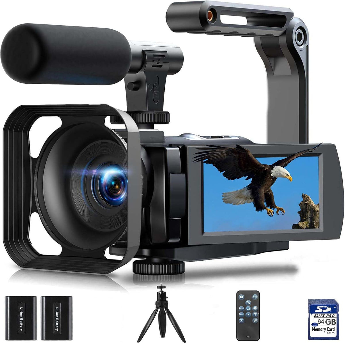 Camcorder Video Camera 5K 56MP Vlogging Camera for YouTube with 3" 270° Flip Touchscreen, Night Vision, WiFi, Webcam, Microphone, 64GB Card, Batteries, Remote, Tripod - Beginner Content Creator Kit
