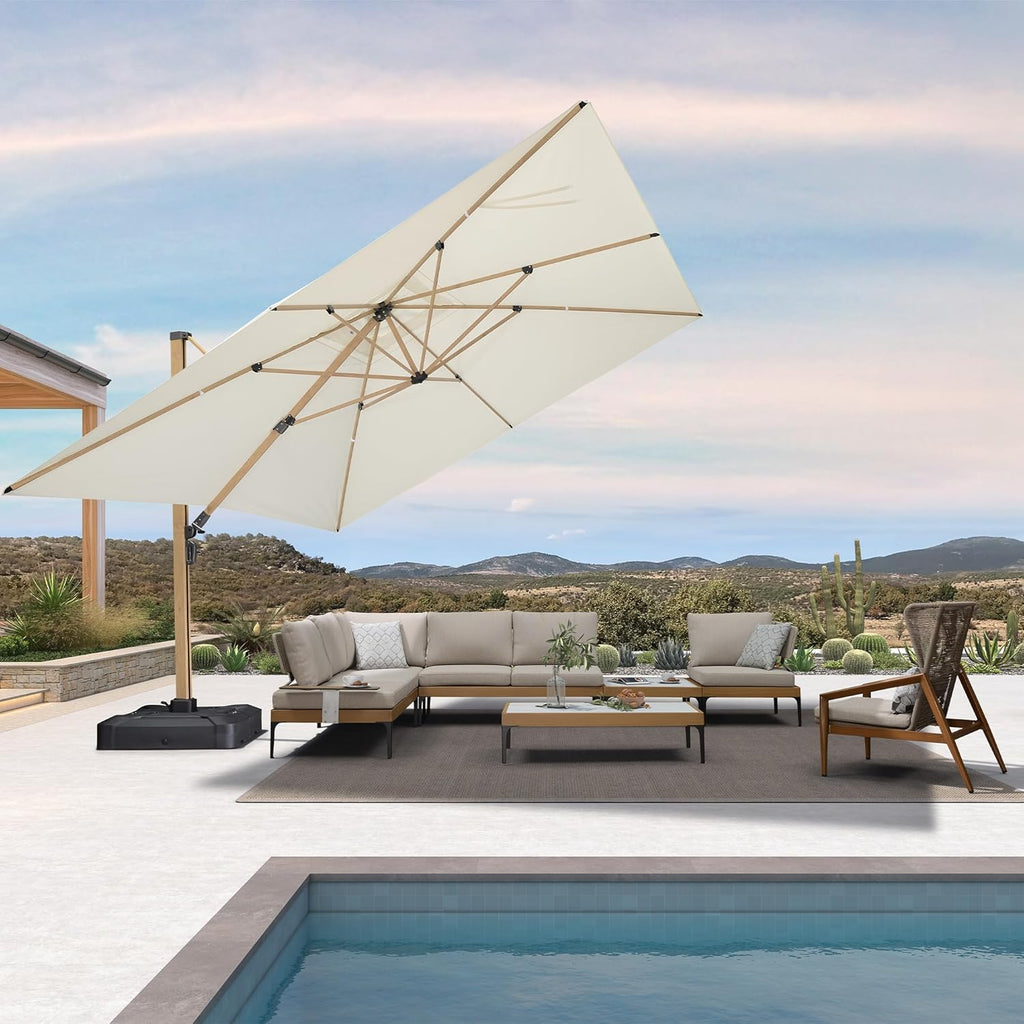 PURPLE LEAF 12FT Patio Umbrella With Base Square Cantilever Umbrella Teak Finished Aluminum Frame Large Windproof Offset Outdoor Sun Umbrellas for Beach Pool Deck, Cream