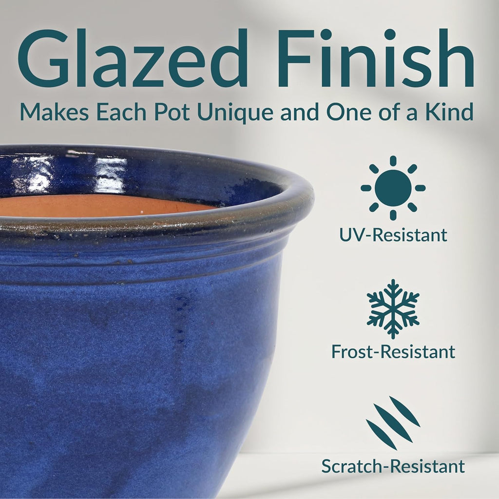 Sunnydaze Large Ceramic Plant Pot - Round Outdoor Glazed Ceramic Planter Pot with Drainage - Studio - Imperial Blue - 18.5"