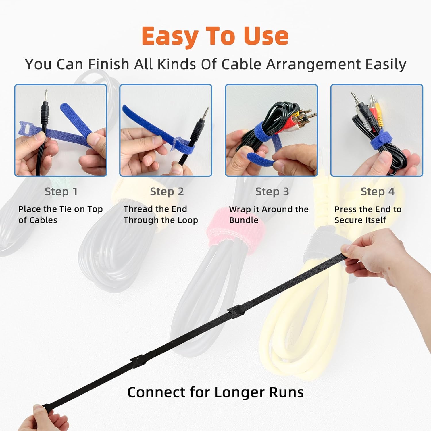 130PCS Reusable Cable Ties with Hook and Loop, Multi-purpose Adjustable 8 Inch Cable Management Wire Ties Cable Straps for Organizing Home, Office and Data Centers, Black