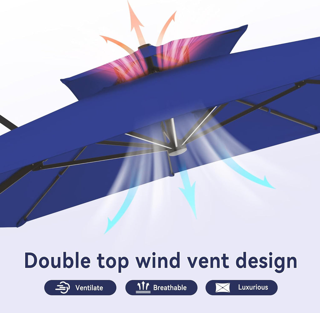 10 X 13 FT Cantilever Outdoor Patio Umbrella with LED Lights Large Heavy Duty 360° Rotation Double Top Offset Rectangular Umbrellas for Backyard Garden Pool Outside Deck, Navy