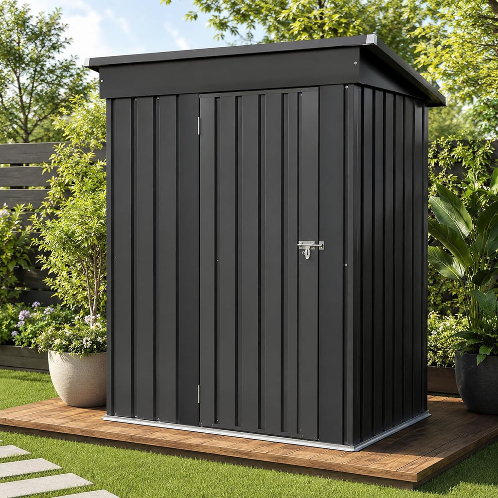 5x3 FT Outdoor Storage Shed, Metal Tool Shed with Sloping Roof and Lockable Door, Waterproof Garden Shed for Backyard, Patio, Lawn and Outdoor Storage, Black