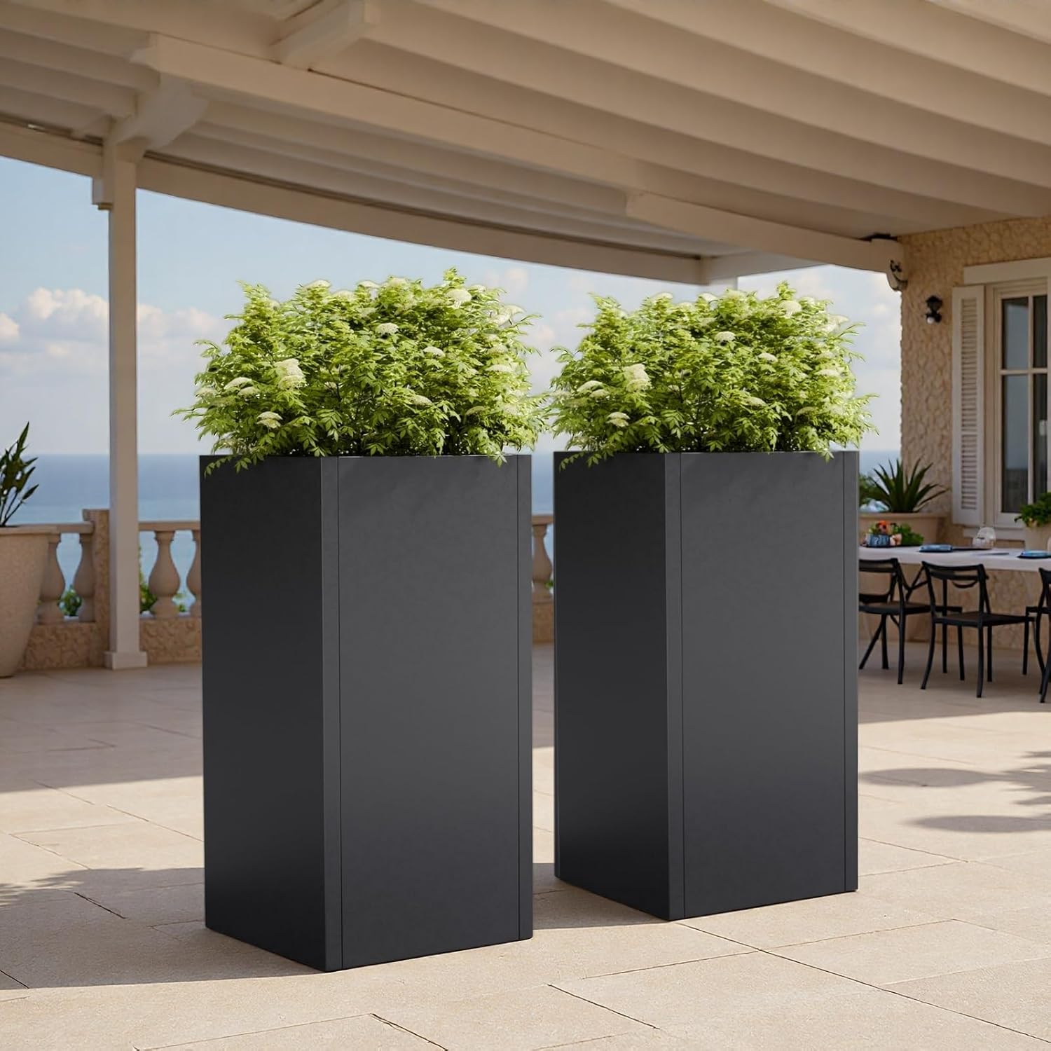 Tall Metal Planters Box for Outdoor Plants 2 Pack- 23.6" Modern Steel Tall Square Planter with Removable Insert Shelf, Heavy Duty Pedestal Planter Front Porch Decor Patio Garden, Black