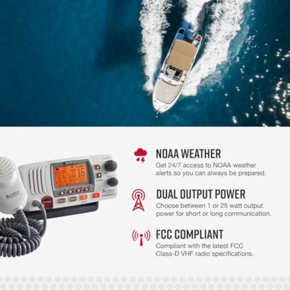 Cobra MR F77W GPS Fixed Mount VHF Marine Radio – 25 Watt VHF, Built-In GPS Receiver, Submersible, LCD Display, Noise Cancelling Mic, NOAA Weather, Signal Strength Meter, Scan Channels, White