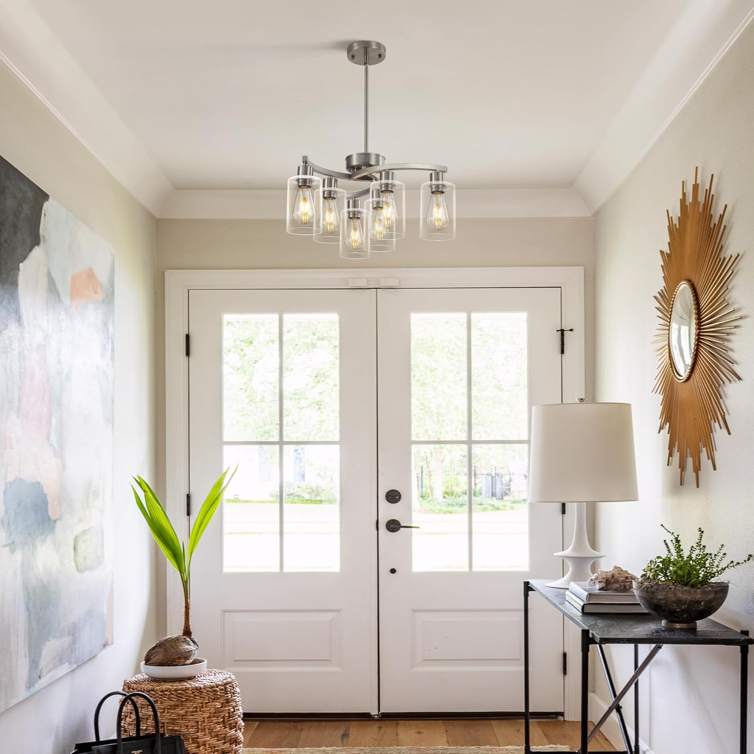 6 Light Modern Brushed Nickel Pendant Light Fixture for Dining Room .Kitchen Pendant Lighting Over Island .Adjustable Height Farmhouse Dining Chandeliers Over Table .with Glass Shade