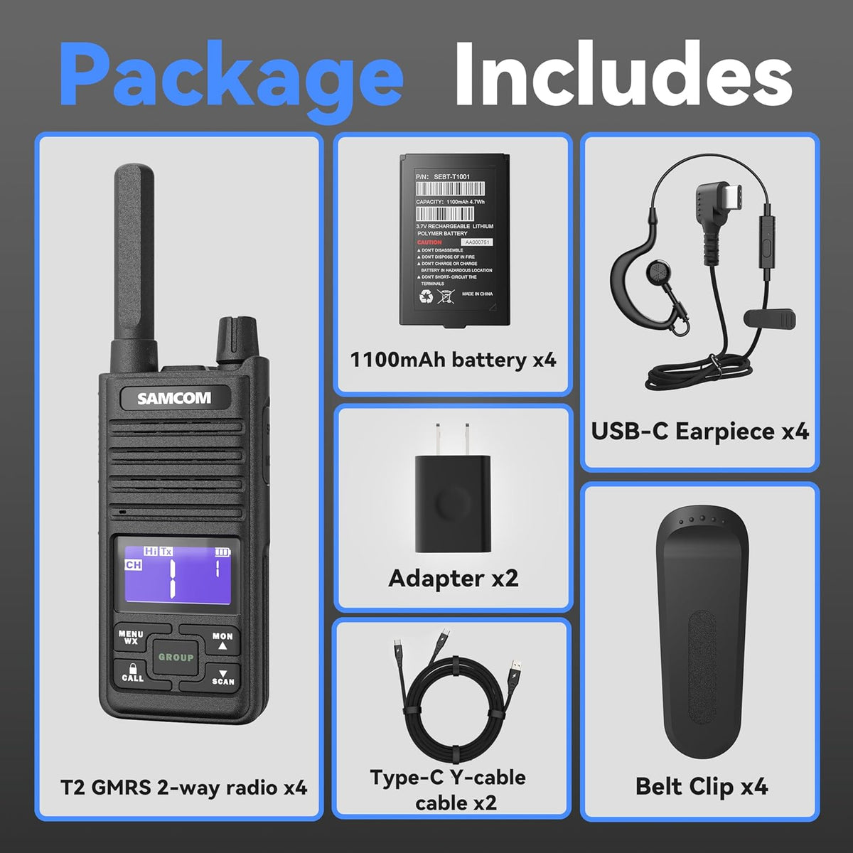 SAMCOM T2 GMRS Radio 2W Long Range Walkie Talkie NOAA Weather Rechargeable Heavy Duty Two Way Radio,Group Call Radios Walkie-talkies with Earpiece, USB-C Charger, Flashlight,4 Packs