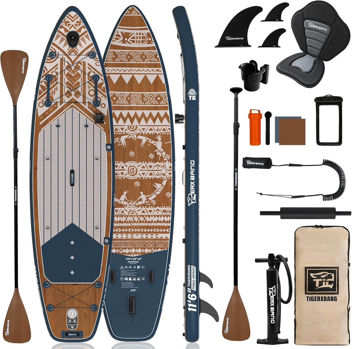 TIGERXBANG Inflatable Stand Up Paddle Board 11'6" x 35" x 6", Tribal Imprint Series, Extra Wide & Stable SUP, Ideal for Adults & Families, with Full Accessories