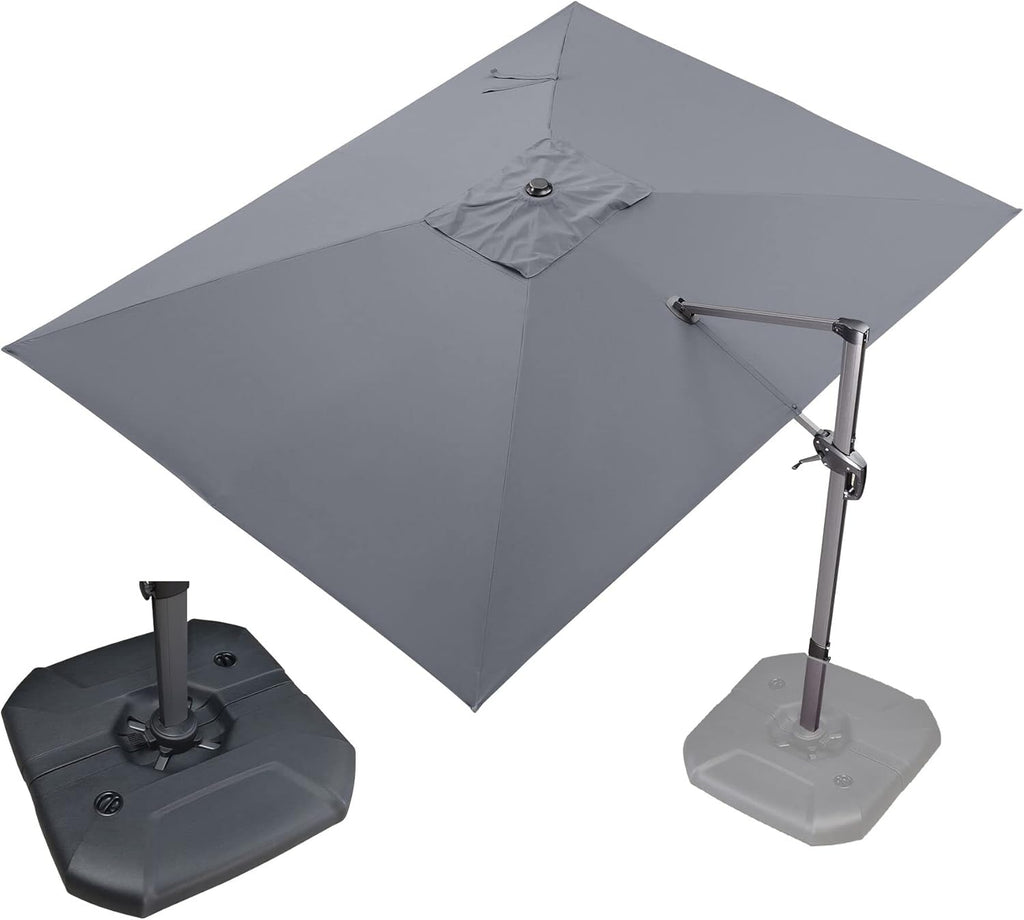 PURPLE LEAF 9' X 11.5' Patio Umbrella with Base Outdoor Cantilever Rectangle Umbrella Offset Umbrella with 360-degree Rotation for Garden Deck Pool Patio, Grey