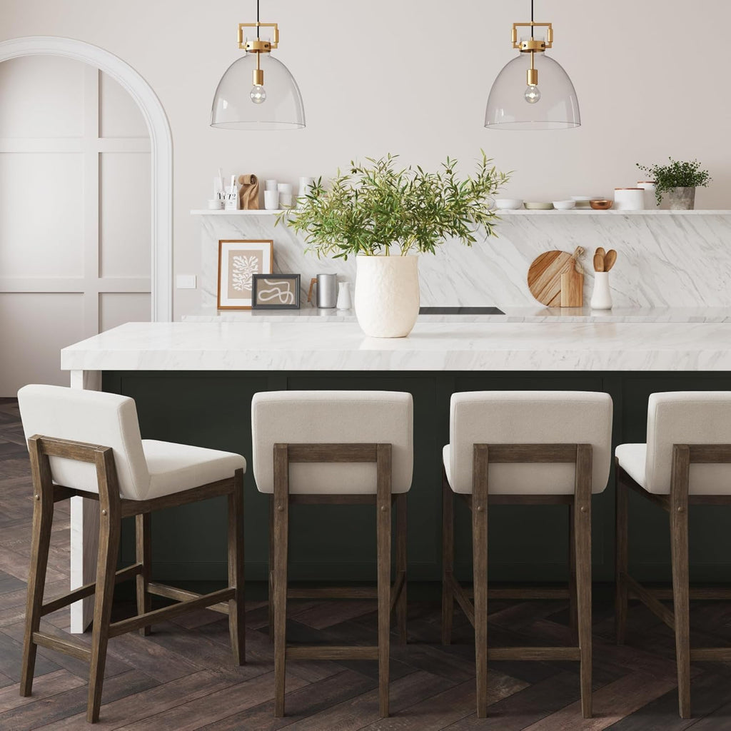 Nathan James Gracie Modern Counter Height Bar Stool with Back, Counter Stool Upholstered Chair with Natural Textured Linen and Brushed Wooden Legs, Cream Boucle/Dark Brown, Set of 4