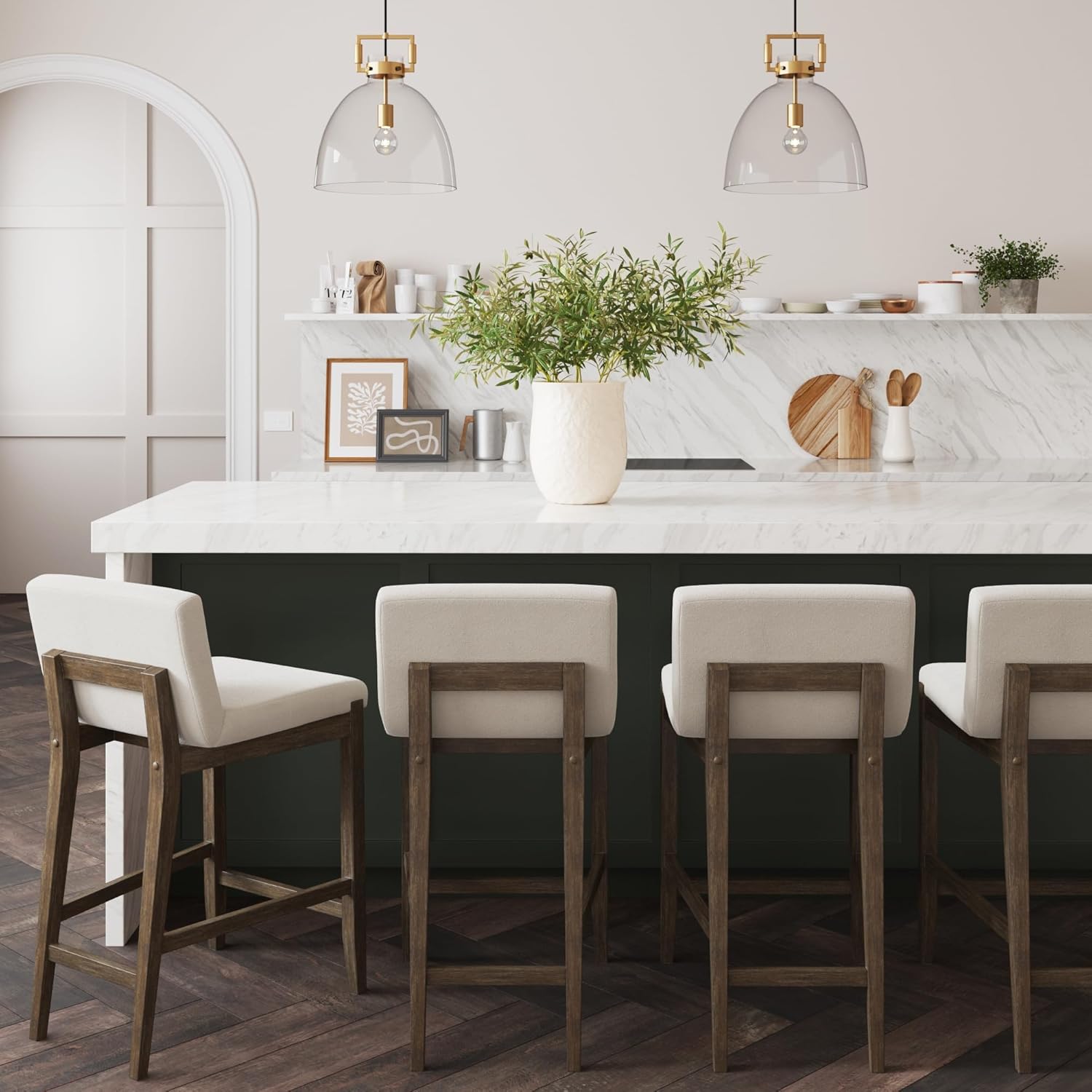 Nathan James Gracie Modern Counter Height Bar Stool with Back, Counter Stool Upholstered Chair with Natural Textured Linen and Brushed Wooden Legs, Cream Boucle/Dark Brown, Set of 4