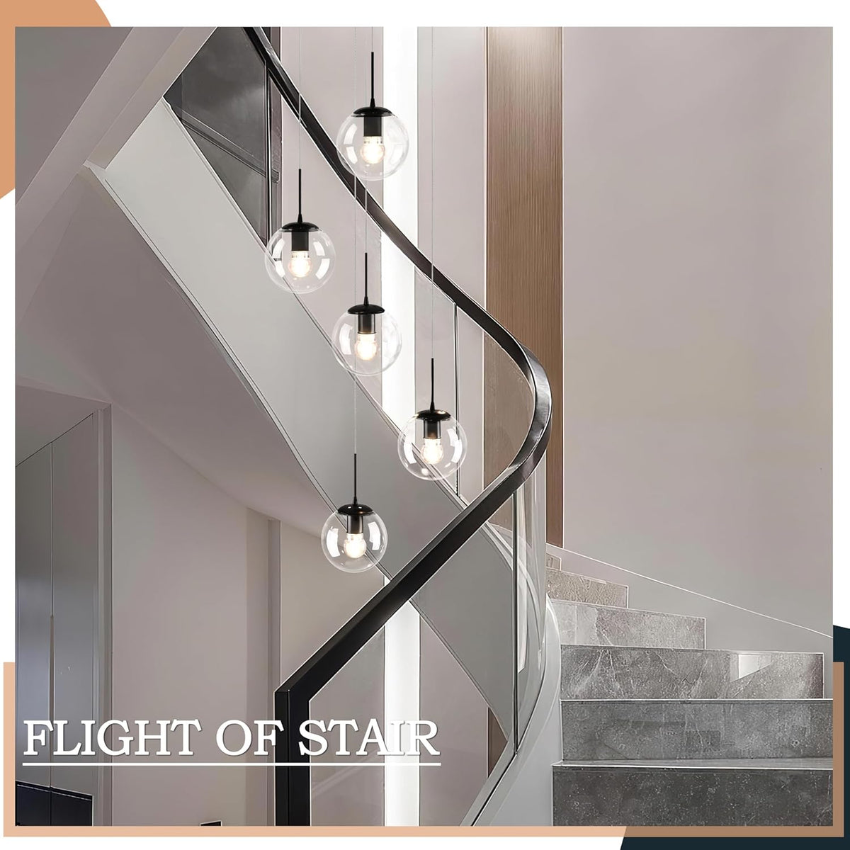 KoKo&Yukina 5-Light Black Clear Globe Glass Chandelier Globe Glass Pendant Light Adjustable Length Pendant Lights Modern High Ceiling Lights Fixtures for Foyer Staircase Entryway (Bulb & Remote Incl)
