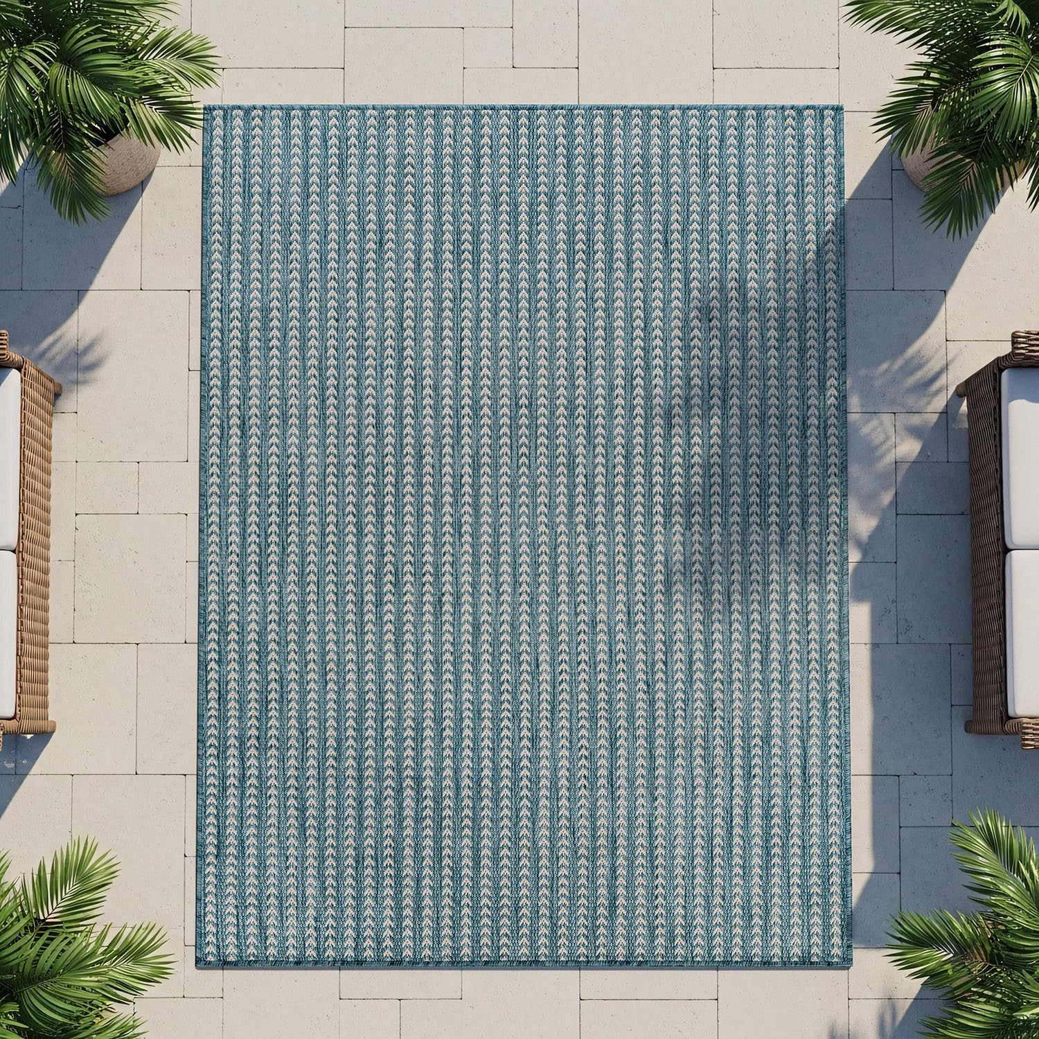 Washable Outdoor Rug 9x12 Modern Area Rugs Outdoor Carpets Striped Pattern Non Shedding Waterproof Easy Clean Patio Deck Porch Living Room Bedroom Garden RV (9 X 12 Aqua)